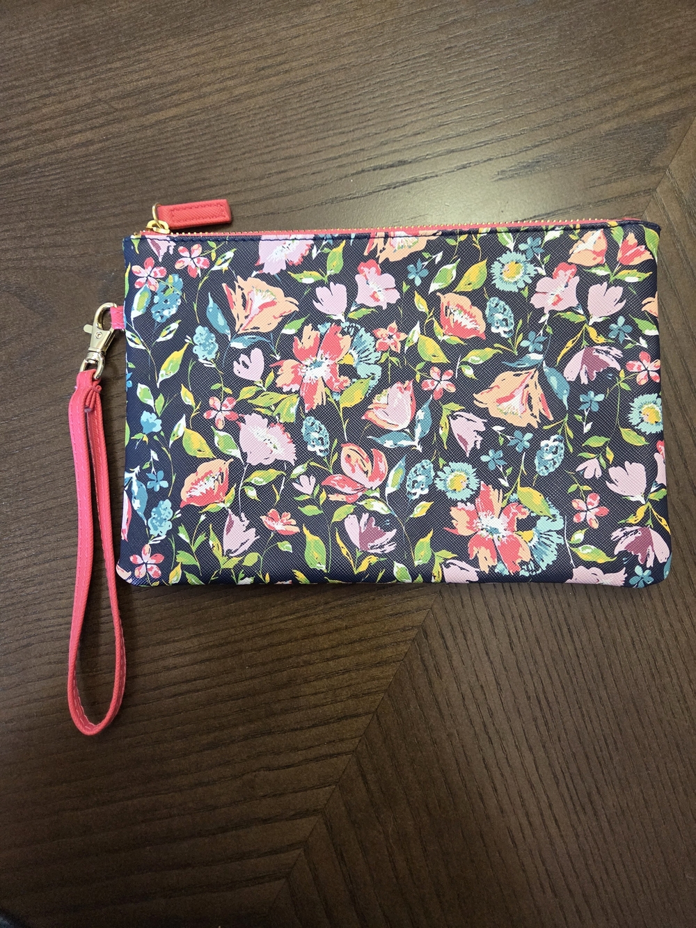 Floral Wristlet Clutch - Navy with Pink Accents